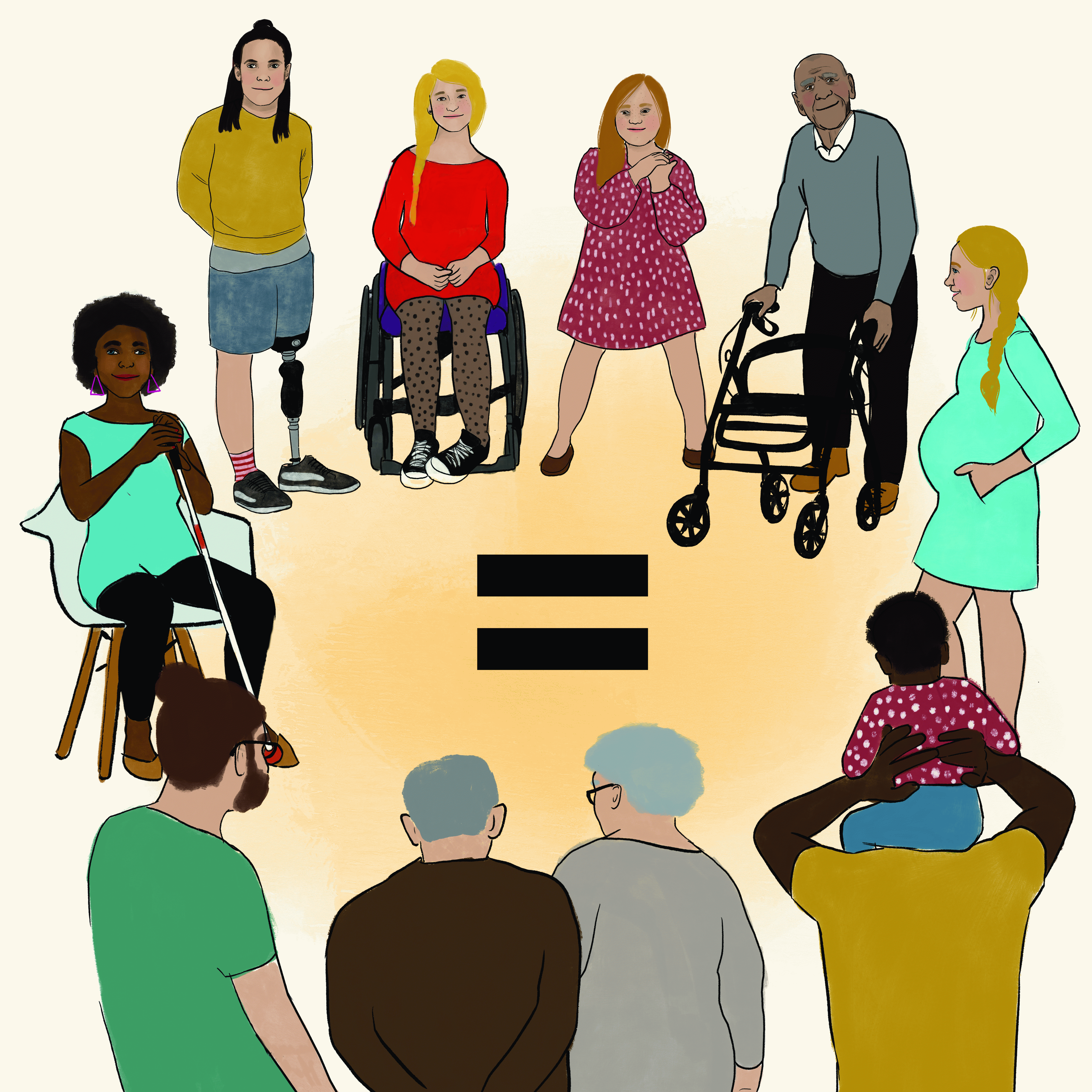 Abgebildet ist eine Gruppe von Menschen unterschiedlichen Alters im Kreis. Manche haben eine Behinderung, manche keine. Möglichweise haben einige eine unsichtbare Behinderung oder chronische Erkrankung. Mitten im Bild ist ein Gleichheitszeichen.