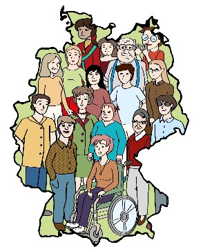 Viele verschiedene Menschen stehen bzw. sitzen im Rollstuhl vor einem Umriss der Landkarte von Deutschland