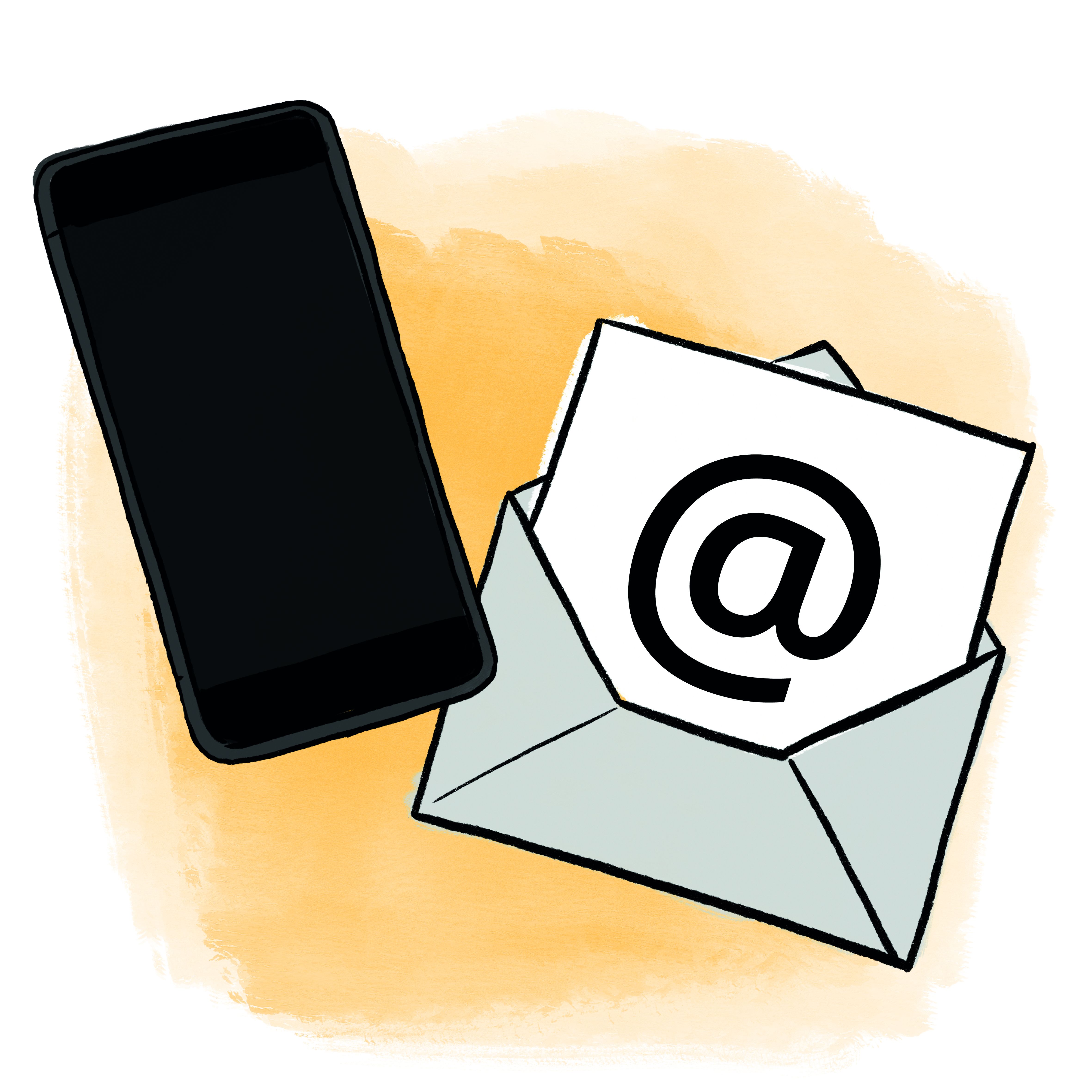 Ein Handy und ein Briefumschlag, in dem eine Karte mit dem Mailsymbol steckt