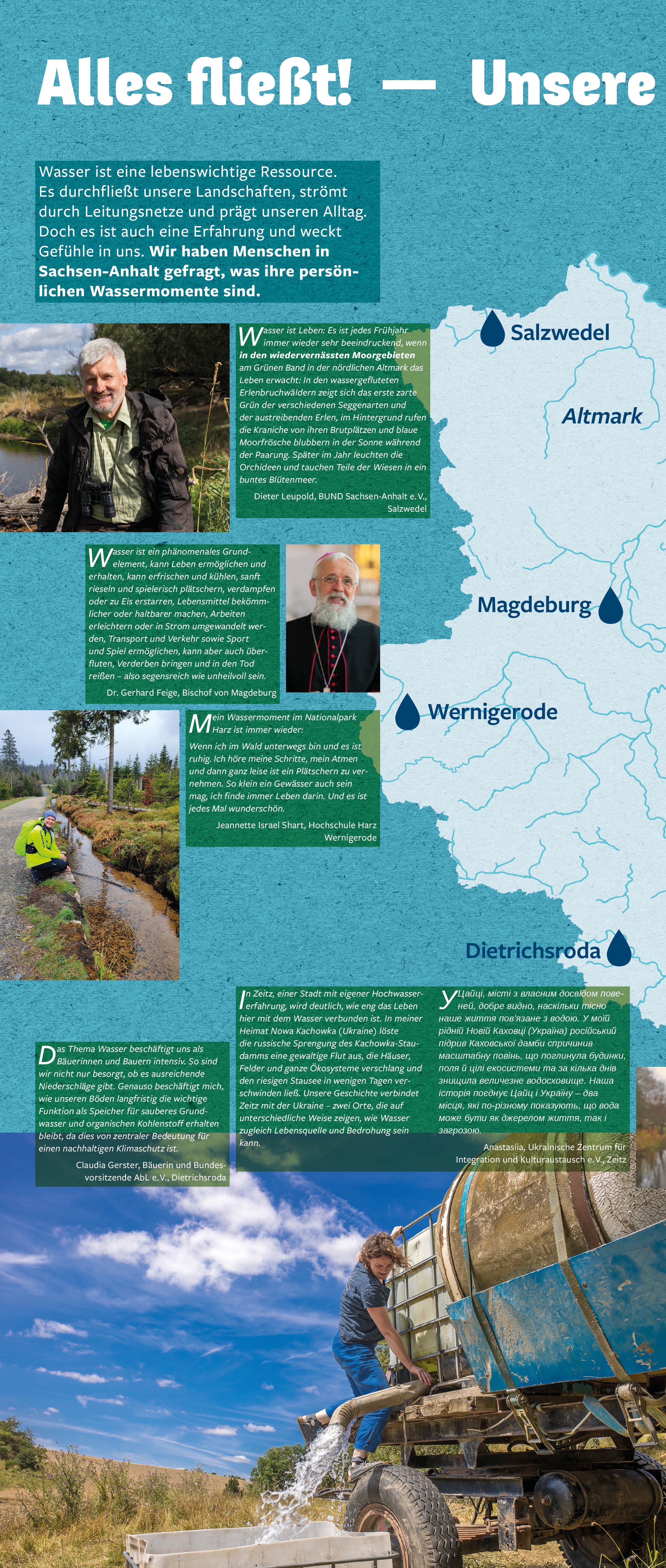 Auf dem Bild erzählen verschiedene Menschen von ihren persönlichen 'Wassermomenten' und warum Wasser für sie wichtig ist