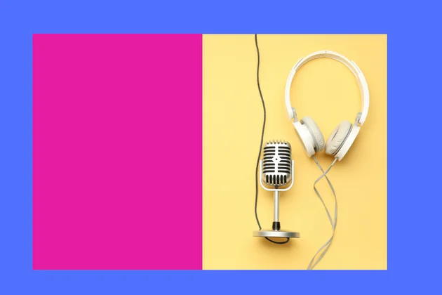 Blauer Hintergrund, Layer aus pink und gelb darüber, im gelben Audiotools