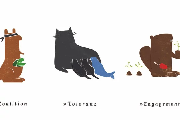 Ein Känguru, das eine Schildkröte trägt, eine Katze, die u.a. eine Robbe säugt, ein engagierter Biber mit den jeweiligen Unterschriften: Koalition, Toleranz und Engagement