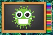 Coronaviruszeichnung mit Mundschutz auf einer Tafel