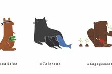 Ein Känguru, eine Katze und ein Biber mit den Untertiteln: Koalition, Toleranz, Engagement