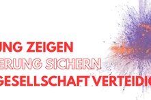 Lila, orangener Farbsplash oben rechts, davor der Reihentitel Haltung zeigen Förderung sichern Zivilgesellschaft verteidigen