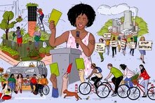 Zeichnung: Eine Rednerin am Mikro, Fahrradfahrende, Protestierende ...