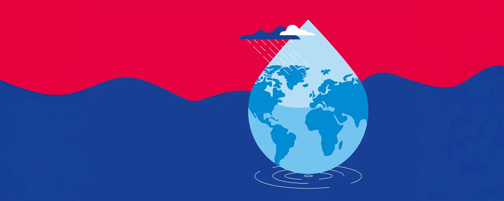 Ein Wassertropfen mit Form der Erde tropft in einen Ozean