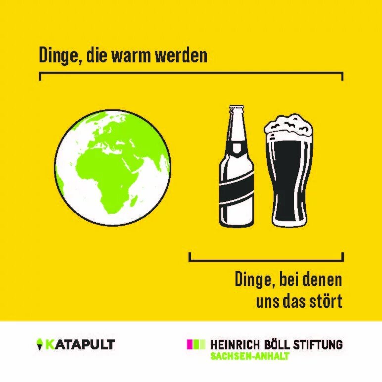 Eine Erde und eine Flasche Limo/Bier vor gelbem Hintergrund, darüber die Schrift Dinge, die warm werden (markiert sind Erde und Bier) und darunter die Schrift: Dinge, bei denen uns das stört (markiert ist nur die Flasche)