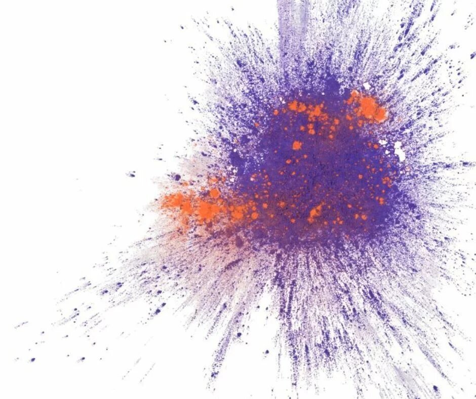 Lila-orange Farbexplosion vor weißem Hintergrund