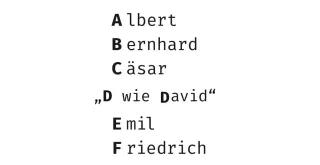 Auschnitt aus der Weimarer Buchstabiertafel von A bis F